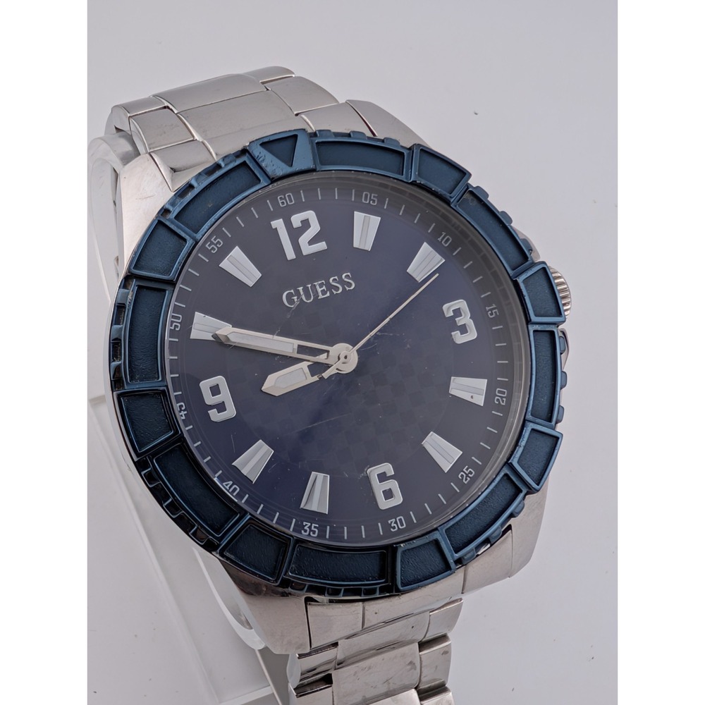 Guess‎ Watch Men 50mm Case Blue Dial Silver 6.75" Band U1365G2- New Battery